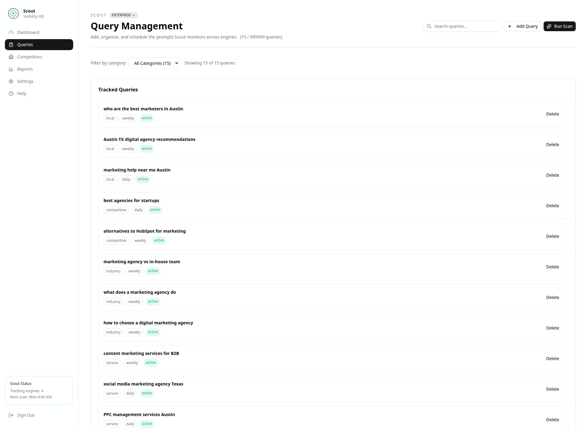 Scout queries dashboard showing AI visibility tracking across multiple platforms